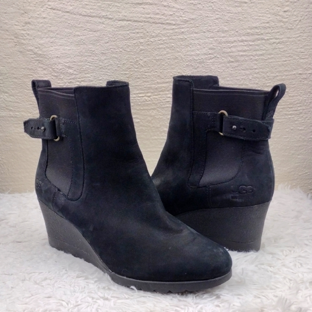 UGG Australia Indra Black Suede Waterproof Upper Wedge Heel Slip On Ankle Boot